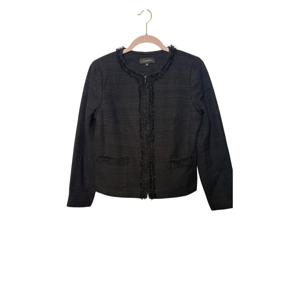 Talbots Black Tweed Zip Up Jacket Frayed Trim Detail Office Wear & Pockets sz 10